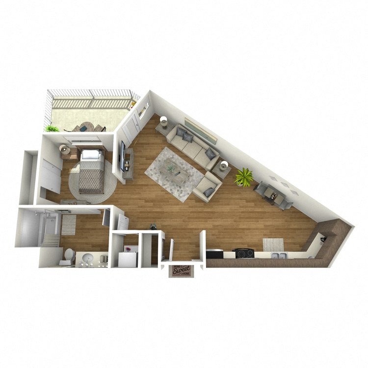 Floor plan for studio, 1 bath, 696 sqft